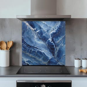 Blue Tempered Glass Backsplash, Sapphire Swirl Kitchen Backsplash, Glass Backsplash for Kitchen, Kitchen Backsplash Behind Stove
