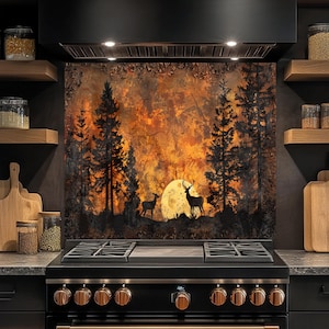 Forest Silhouette Glass Backsplash, Tempered Glass Backsplash, Rustic Backsplash, Kitchen Backsplash Behind Stove, Stove Glass Splashback