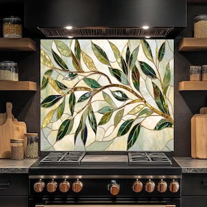 Tempered Glass Backsplash, Green Leaves Branch Kitchen Backsplash, Kitchen Backsplash Behind Stove, Glass Stove Backsplash