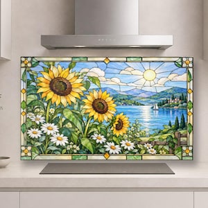 Sunflower Harbor Tempered Glass Backsplash, Kitchen Backsplash Behind Stove, Coastal Landscape Splashback, Floral Sea Wall Art