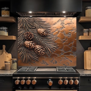 Protector contra salpicaduras de vidrio templado con forma de piña, protector contra salpicaduras de cocina rústica detrás de la estufa, protector contra salpicaduras de vidrio con aspecto de cobre y diseño natural.