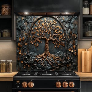 Tree Of Life Tempered Glass Kitchen Backsplash - Easy Clean Stove Sink Splash Guard, 30x24 Inch Blue Decorative Panel