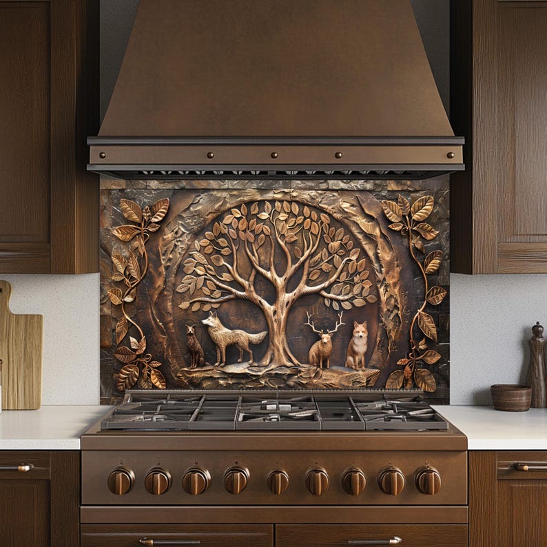 Tempered Glass Backsplash, Forest Legacy Tree of Life Glass Backsplash ...