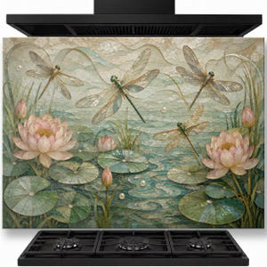 Dragonfly Lake Tempered Glass Backsplash, Kitchen Backsplash Behind Stove, Heat Resistant Glass Backsplash, Easy to Clean Stove Backsplash