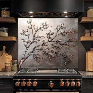 Silver Metallic Branch Tempered Glass Backsplash, Kitchen Backsplash Behind Stove, Copper & Silver Look Glass Backsplash, Stove Backsplash