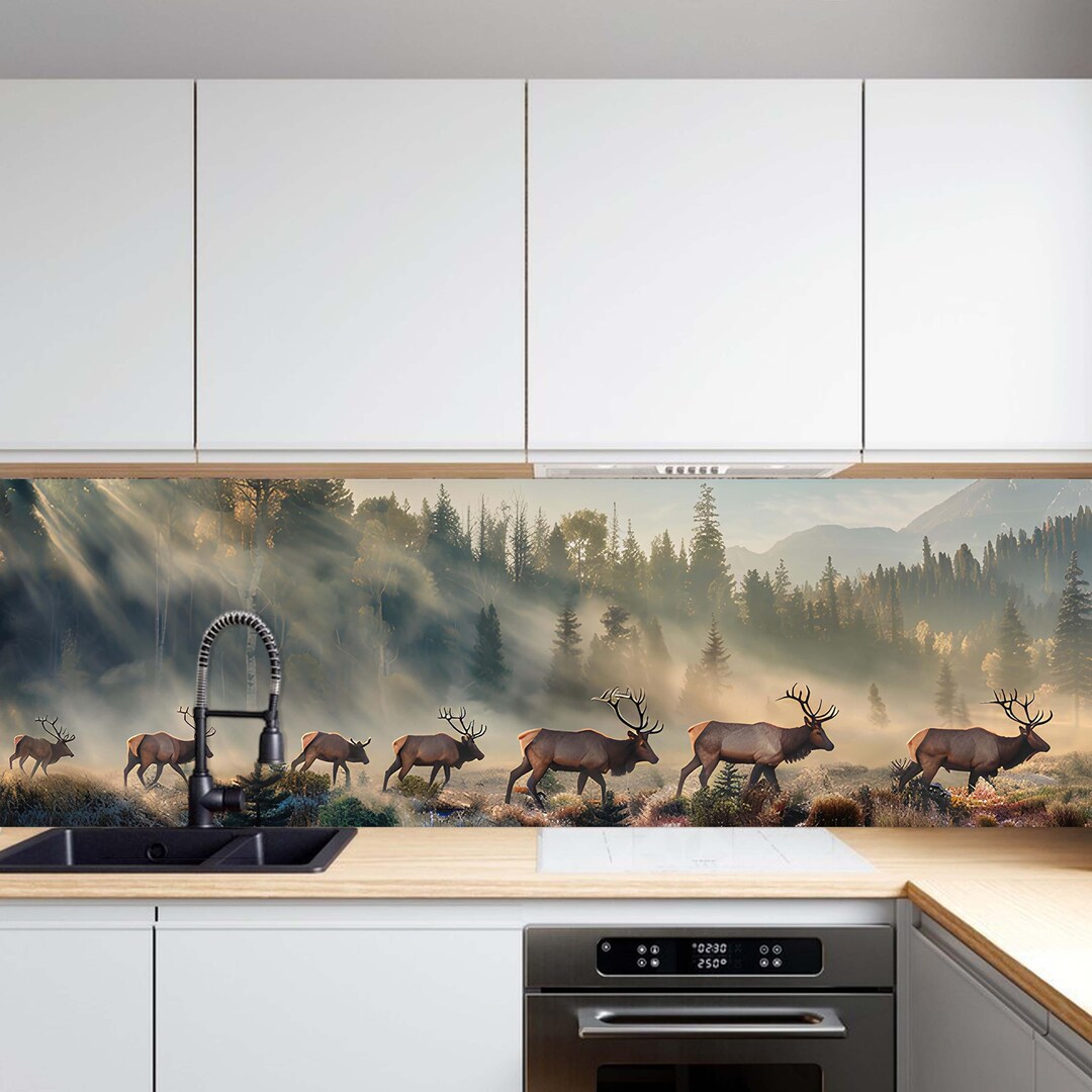 Nature Splashbacks Tempered Glass Backsplash for Kitchen, Elk Forest Wildlife Design ...