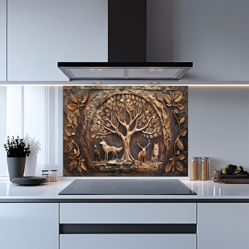 Tempered Glass Backsplash, Forest Legacy Tree of Life Glass Backsplash ...