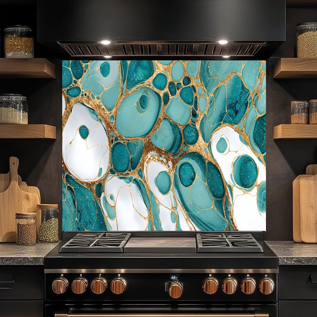 Turquoise Gold Flow Glass Backsplash, Tempered Glass Backsplash, Rustic ...