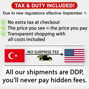 The image is a message about a new tax and duty regulation, stating that all shipping costs will be included, and there will be no surprise fees. It also mentions that all shipments are DDP, and you'll never pay hidden fees.