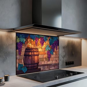 Tempered Glass Backsplash, Wine Barrel with Grapevines and Purple Grapes, Stained Glass Look Kitchen Backsplash Behind Stove
