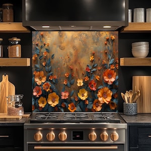 Tempered Glass Kitchen Backsplash, Golden Autumn Floral Glass Backsplash, Heat Resistant Glass Backsplash Behind Stove, Kitchen Backsplash