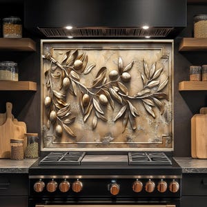 Tempered Glass Backsplash, Olive Harvest Glass Backsplash, Kitchen Backsplash, Kitchen Splashback Behind Stove, Stove Glass Splashback