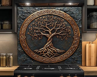 Tree of Life backsplash van gehard glas, glazen backsplash voor keuken, backsplash keuken achter fornuis, backsplash rustieke kachel, spatscherm
