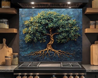 Tree of Life glazen backsplash, backsplash van gehard glas, backsplash keuken achter fornuis, glazen backsplash voor keuken, rustieke backsplash