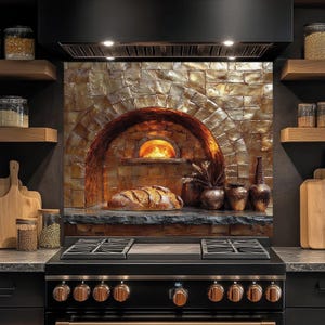 May include: A kitchen backsplash featuring a printed image of a stone oven with a fire burning inside. A loaf of bread sits on the stone ledge in front of the oven, accompanied by three decorative metallic vases and a small bundle of dried wheat.