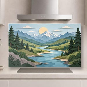 Alpine River Tempered Glass Backsplash, Kitchen Backsplash Behind Stove, Mountain Nature Glass Splashback, Rustic Wildlife Stove Backsplash