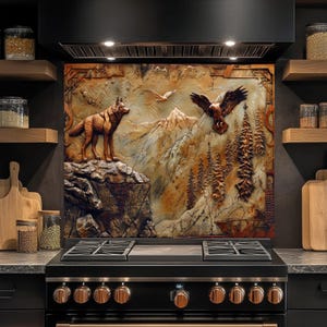 Tempered Glass Backsplash, Guardian Spirits Glass Backsplash, Rustic Backsplash, Kitchen Backsplash Behind Stove, Stove Glass Splashback