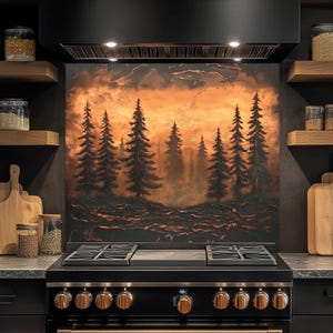 Tempered Glass Backsplash for Kitchen, Pine Forest Glass Backsplash, Kitchen Backsplash Behind Stove, Rustic Stove Backsplash