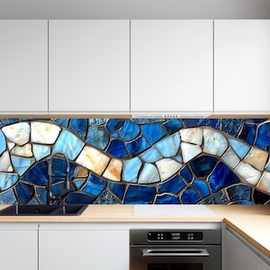 Tempered Glass Kitchen Backsplash, Blue Mosaic Wave Glass Backsplash, Heat Resistant Glass Backsplash Behind Stove, Kitchen Backsplash