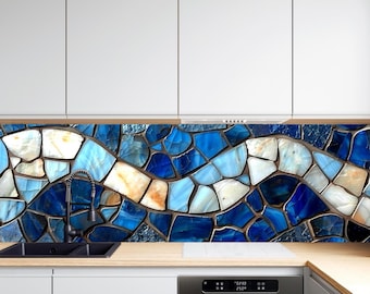 Bakstänkskydd i härdat glas för kök, Bakstänkskydd i blått mosaikvågigt glas, Värmebeständigt bakstänkskydd i glas bakom spis, Bakstänkskydd i kök