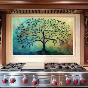 Protector contra salpicaduras de vidrio con diseño de árbol de la vida, protector contra salpicaduras de vidrio templado para cocina, protector contra salpicaduras de vidrio resistente al calor, azulejos fáciles de limpiar, protector contra salpicaduras