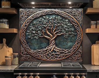 Protector contra salpicaduras de vidrio templado con diseño de Árbol de la Vida, protector contra salpicaduras para estufa, protector contra salpicaduras de cocina detrás de la estufa, protector contra salpicaduras de vidrio para cocina, protector contra salpicaduras rústico.