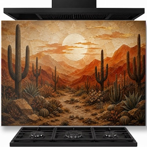 May include: A rectangular kitchen backsplash panel featuring a desert landscape illustration with tall saguaro cacti, smaller barrel cacti, and rocky terrain under a large, pale sun. The color palette consists of warm shades of orange, brown, and tan.