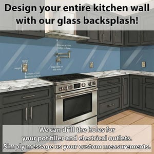 The image is a detailed illustration of a kitchen with a glass backsplash, featuring various appliances and cabinetry.