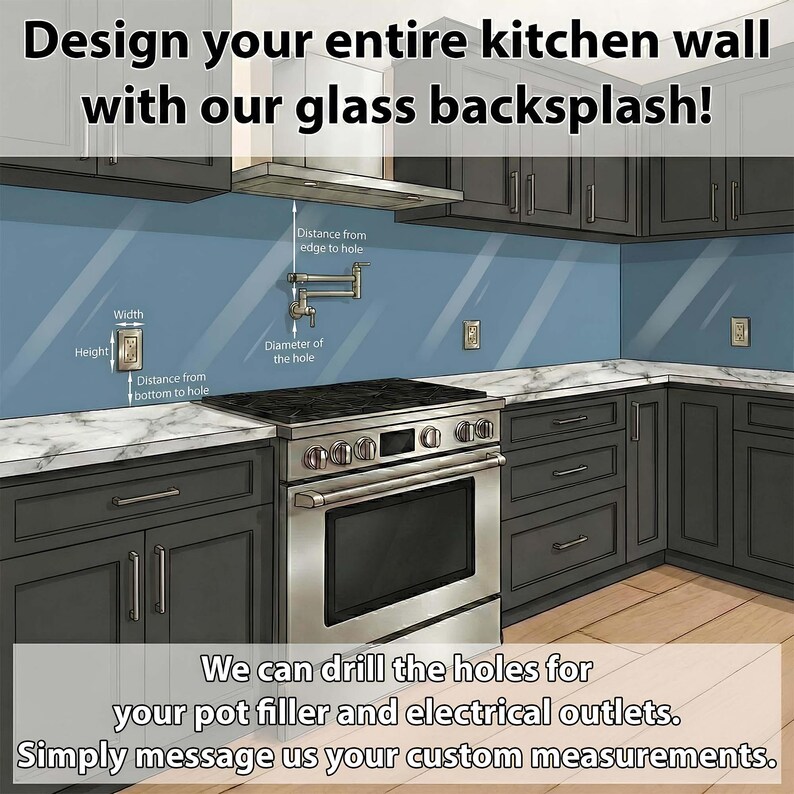 The image is a detailed illustration of a kitchen with a glass backsplash, featuring various appliances and cabinetry.