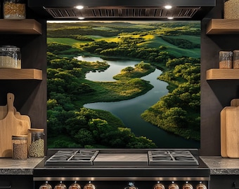 River Green Landscape Glass Backsplash, Tempered Glass Backsplash, Kitchen Backsplash, Backsplash Behind Stove, Nature Scene Splashback