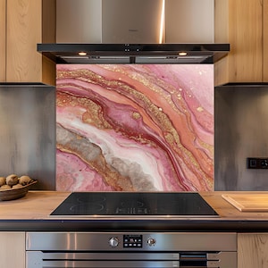 Rose Agate Luxe Tempered Glass Backsplash, Pink Agate Kitchen Backsplash, Glass Backsplash for Kitchen, Kitchen Backsplash Behind Stove