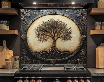 Protector contra salpicaduras de vidrio templado, protector contra salpicaduras de vidrio con forma de árbol de la vida, protector contra salpicaduras de cocina detrás de la estufa, protector contra salpicaduras de vidrio para cocina, protector contra salpicaduras de estufa