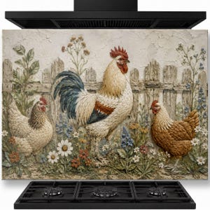 May include: A rectangular kitchen splashback panel featuring a textured relief illustration of a rooster and two hens standing in front of a weathered wooden fence surrounded by white daisies, blue wildflowers, and small red blossoms.