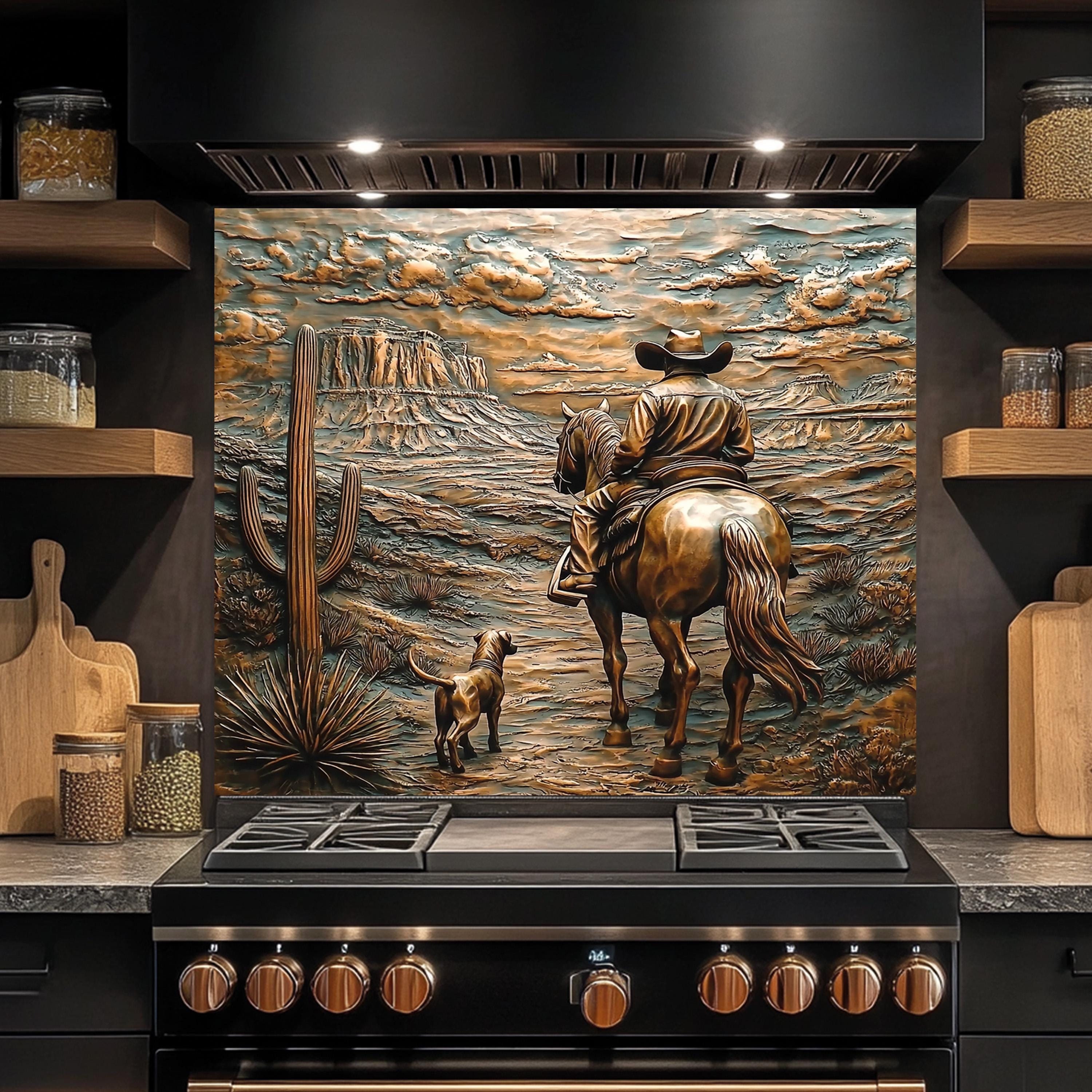 Cowboy in Desert Tempered Glass Backsplash, Kitchen Backsplash Behind Stove, Copper Look Glass Backsplash for Kitchen, Stove Backsplash