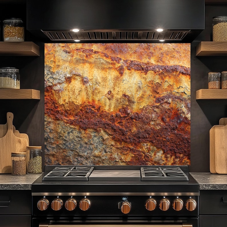 Rust Kitchen Splashback Tempered Glass Backsplash, Rust Texture Glass Backsplash, Rustic ...