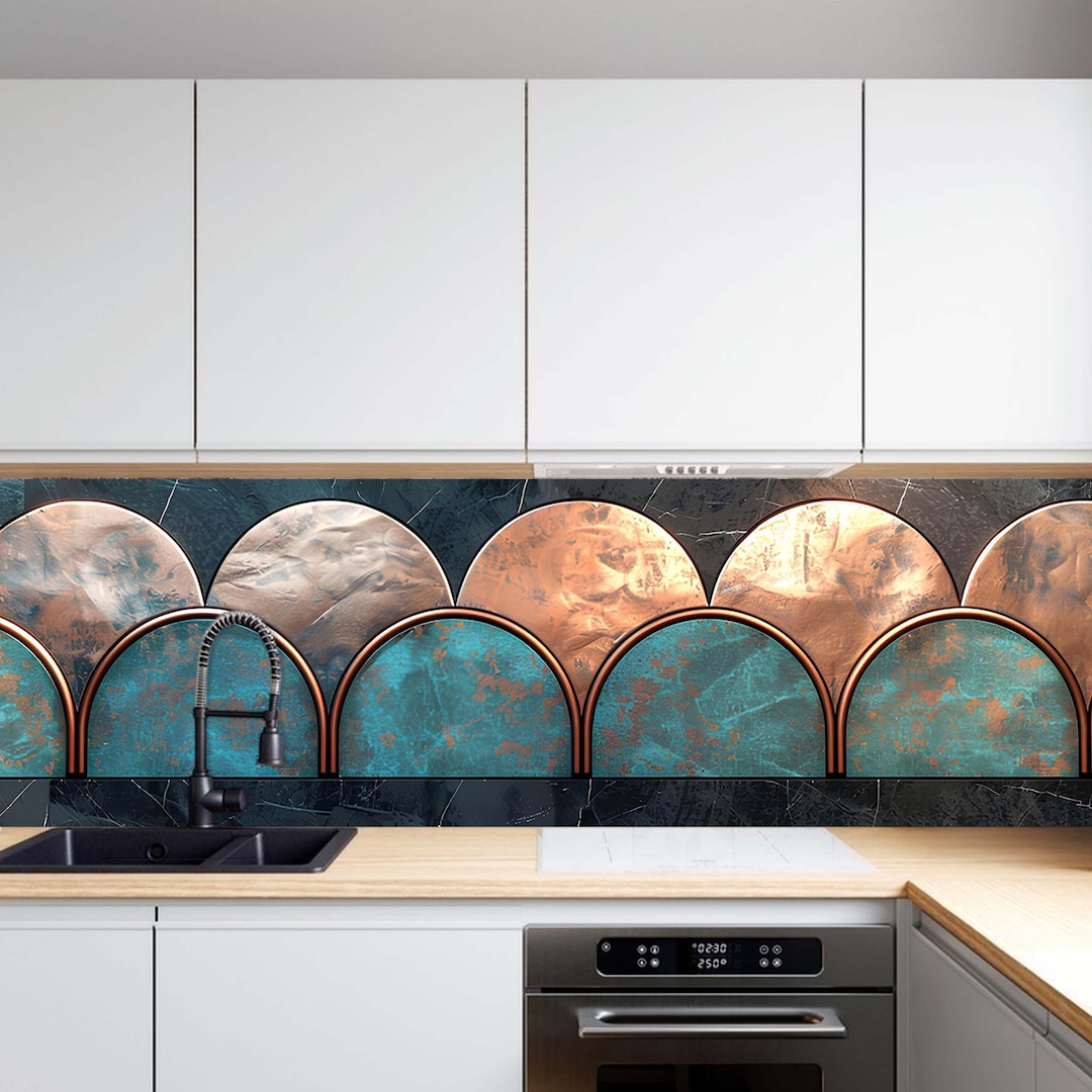 Tempered Glass Backsplash for Kitchen, Copper Look Turquoise Arch ...
