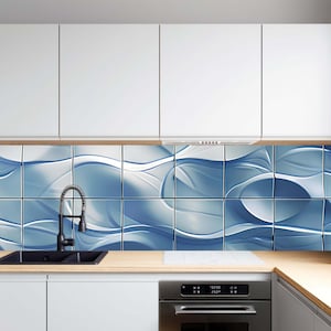 Gehärtetes Glas als Aufkantung für Küche, Blue Wave Tile Look Design Aufkantung, moderne glänzende Glasscheibe, hitzebeständige Herdrückwand