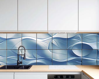 Tempered Glass Backsplash for Kitchen, Blue Wave Tile Look Design Backsplash, Modern Glossy Glass Panel, Heat Resistant Stove Splashback