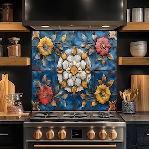 Tempered Glass Backsplash, Mediterranean Floral Tile Glass Backsplash, Heat Resistant Glass Backsplash Behind Stove, Kitchen Backsplash