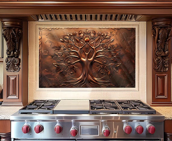 Tree of Life Tempered Glass Backsplash, Glass Backsplash for Kitchen, Heat Resistant Glass Backsplash, Easy to Clean Backsplash Tile