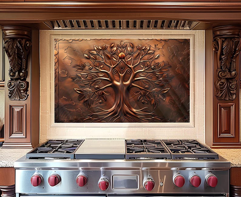 tree of life backsplash, glass backsplash, tempered glass backsplash