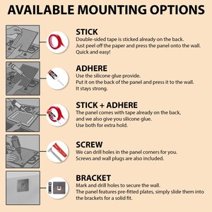 The image is a list of available mounting options for a wall, including Stick, Adhere, Stick + Adhere, Screw, and Bracket.