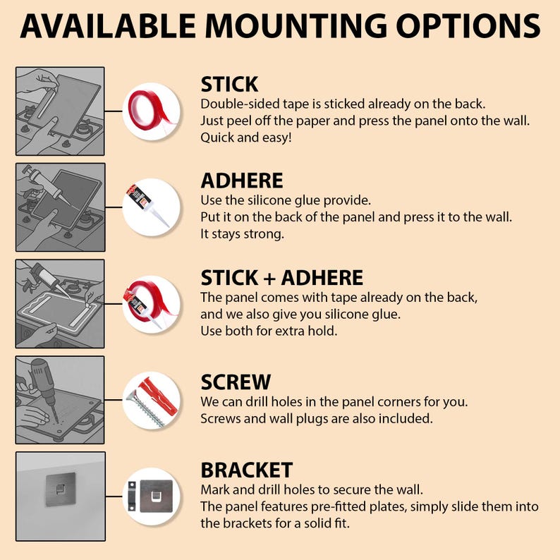 The image is a list of available mounting options for a wall, including Stick, Adhere, Stick + Adhere, Screw, and Bracket.