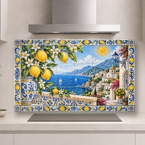 Amalfi Lemons Tempered Glass Backsplash for Kitchen, Italian Coastal Backsplash Behind Stove, Mediterranean Splashback, Lemon Tile Decor