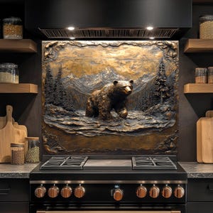 Bear in Wilderness Tempered Glass Backsplash, Rustic Kitchen Backsplash, Copper Look Glass Backsplash, Wildlife-Inspired Stove Backsplash