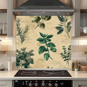 Vintage kruiden backsplash gehard glas, backsplash keuken achter fornuis, hittebestendige glazen backsplash, backsplash fornuis