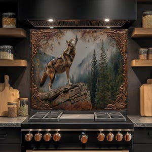 Protector contra salpicaduras de vidrio templado, protector contra salpicaduras de vidrio Howling Wolf, protector contra salpicaduras rústico, protector contra salpicaduras de cocina detrás de la estufa, protector contra salpicaduras de vidrio para estufa