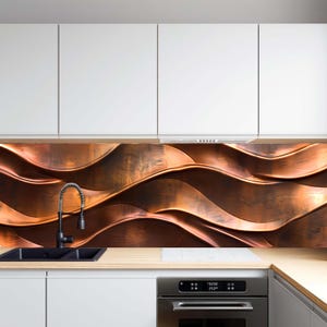 Painel de vidro temperado para cozinha, com textura ondulada em tom de cobre, estilo metálico, resistente ao calor e ideal para proteger o fogão da pia.