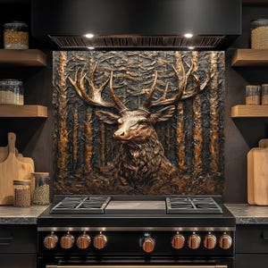 Deer Tempered Glass Backsplash, Copper Look Kitchen Backsplash Behind Stove, Glass Backsplash for Kitchen, Rustic Stove Backsplash