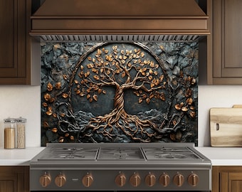 Paraschizzi in vetro Albero della vita, paraschizzi in vetro temperato per cucina, paraschizzi per cucina dietro la stufa, paraschizzi per stufa rustica, paraschizzi